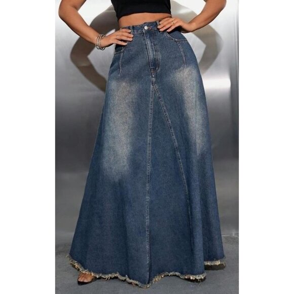 Women's High Waist Denim Skirt Full Length Frayed Raw Hem Flared A Line - Picture 2 of 5